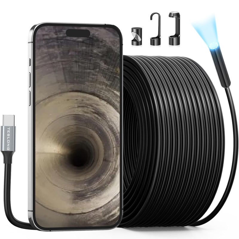 Teslong 50FT USB-C Borescope Camera with Light, Only Compatible with iPhone 15/16/17 Android Phones, 50 ft Flexible Waterproof Endoscope for DIY Pipe Inspection with Drain Snake - Image 1